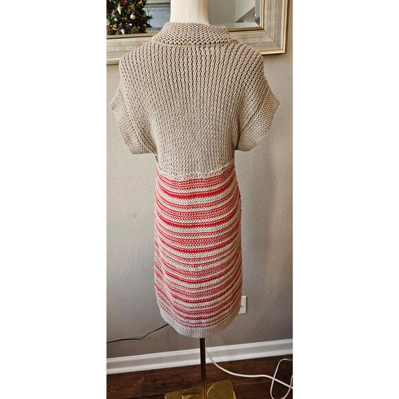 Free People Button Front Crochet Striped Long‎ Cardigan Sweater Size M Tan Red - Picture 4 of 5